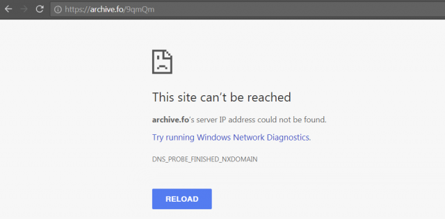 This site can’t be reached archive.fo’s server IP address could not be found. Try running Windows Network Diagnostics. DNS_PROBE_FINISHED_NXDOMAIN