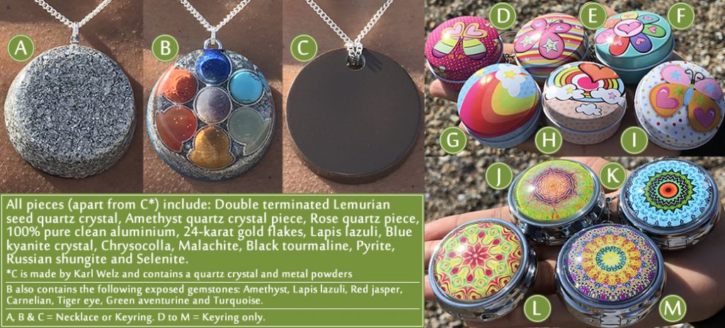 The full range of updated lemurian orgonite pendants